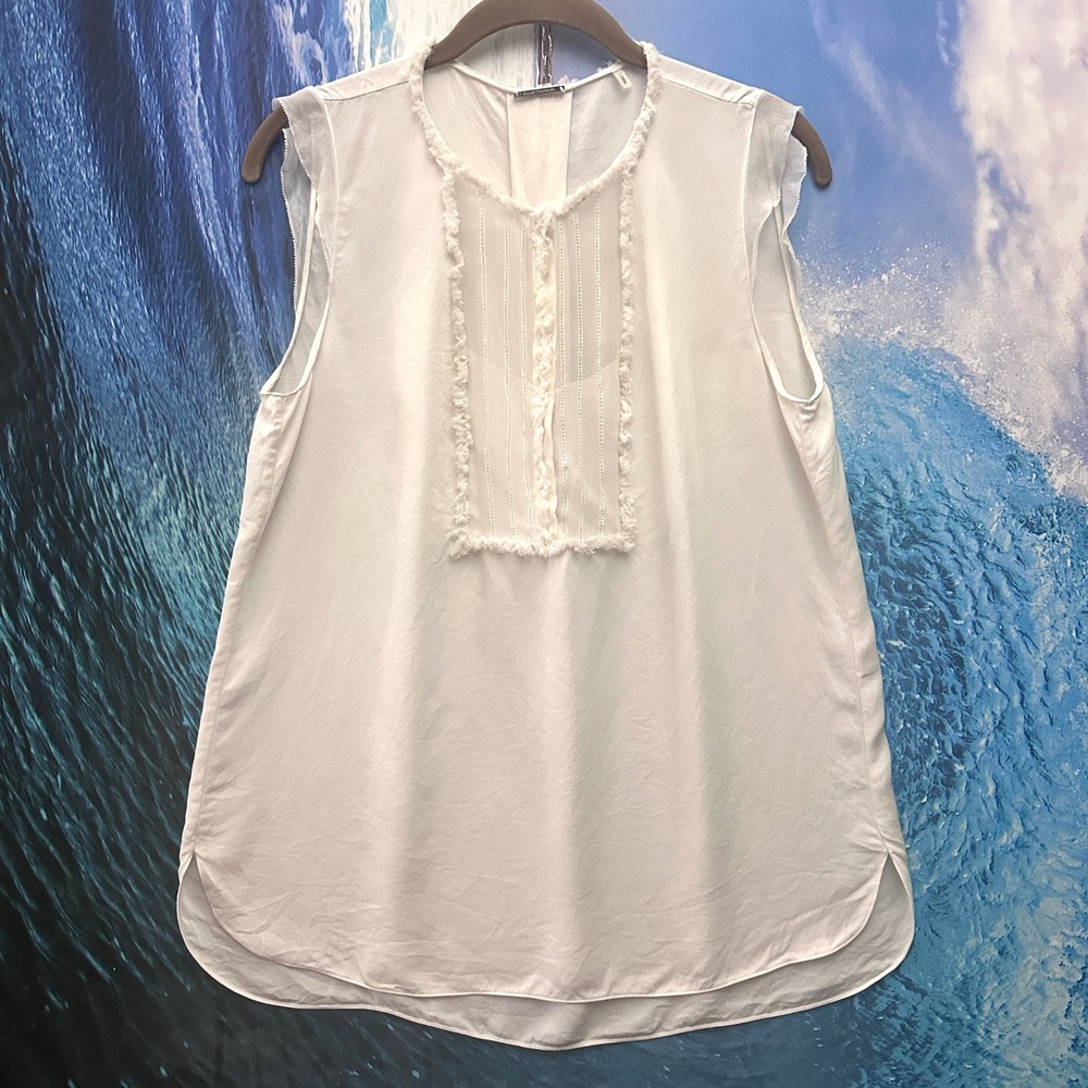 Elie Tahari M 100% Silk Sleeveless Bib Front Pintuck Blouse Top Flutter Ivory